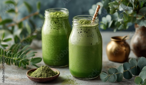 Refreshing Green Smoothies With Matcha and Natural Ingredients Displayed on a...