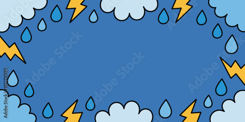Cartoon illustration featuring clouds raindrops and lightning bolts arranged around a blue background