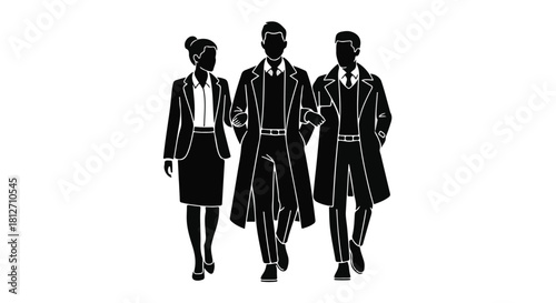 Three diverse professionals walk forward together, symbolizing teamwork and shared success.