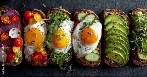 Fresh Breakfast Toast With Eggs, Vegetables, and Avocado Served on a Dark Sto...