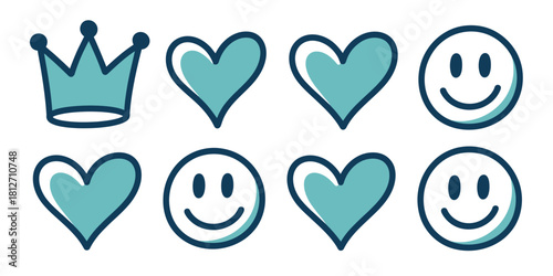 A collection of teal outlined cartoon icons including hearts crowns and smiling faces on white background