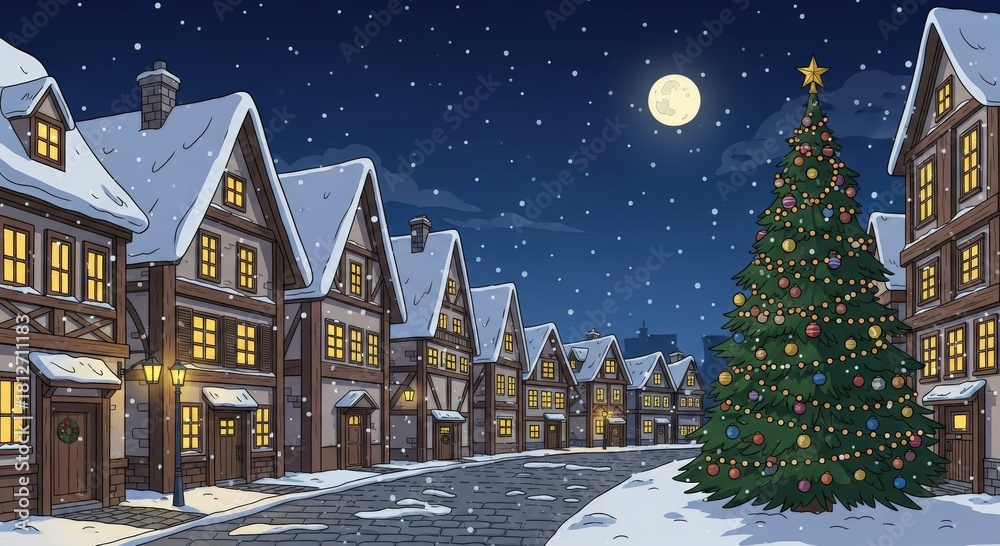 Fototapeta premium Old city street vector cartoon with chalet houses and Christmas tree