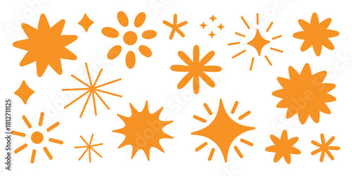 A collection of various orange star shapes and starbursts isolated on a white background in a flat design