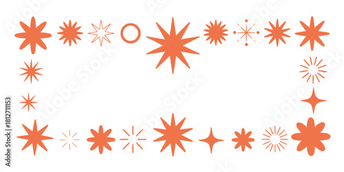 A frame of orange starbursts and star shapes on a white background creating a rectangular border design