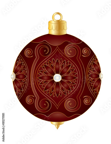Elegant Red Velvet Christmas Ornament with Gold Floral Details and Pearl Accents – Vector Illustration