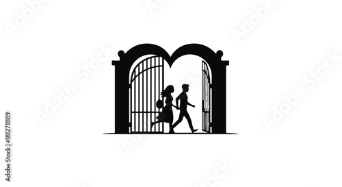 Couple silhouetted against an open gate, stepping into a new beginning.