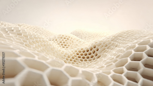 A captivating abstract view of an undulating, light cream honeycomb-like cellular structure. This intricate hexagonal pattern suggests organic tissue or advanced material design.