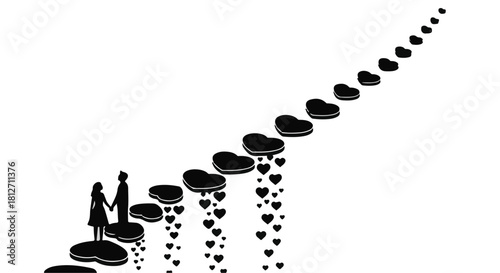 Couple walking hand in hand on a path of hearts, symbolizing a loving journey together.