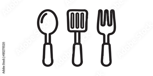 Spoon, spatula and fork line icon, cooking concept. Vector graphics. Kitchen set sign on white background, style icon mobile or web design.
