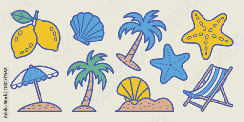 Illustration of lemons, seashells, palm trees, starfishes, umbrella, and beach chair on beige background