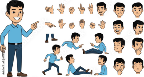 Happy asian man character. Set of hands legs body and head positions for creating animations and your own illustrations.
