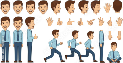Happy asian man character. Set of hands legs body and head positions for creating animations and your own illustrations.

