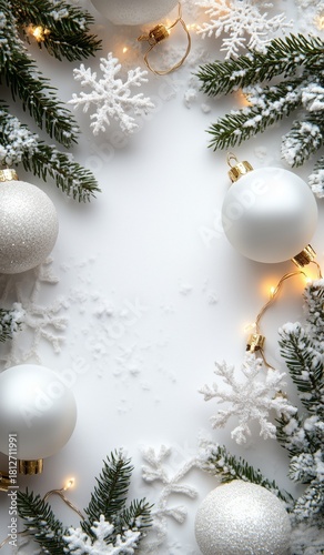 Elegant White and Silver Christmas Decorations With Snowflakes and Greenery o...
