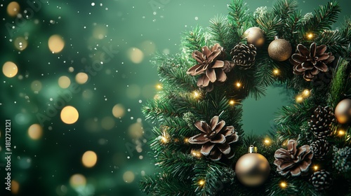 Elegant Christmas Wreath Decorated With Pinecones and Ornaments on a Snowy Ev...