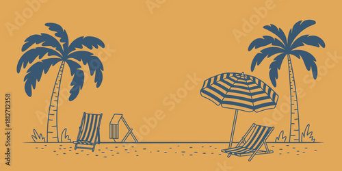 A beach scene with palm trees, beach chairs, and an umbrella on a yellow background illustration