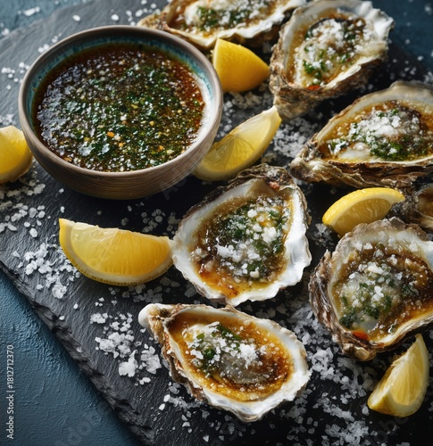 Fresh Oysters With Lemon and Dipping Sauce on a Stone Table