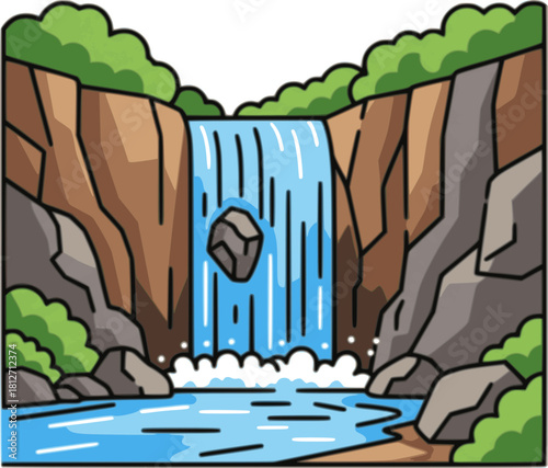Cartoon waterfall set vector flat illustration natural water streaming mountain cliff river cascade
