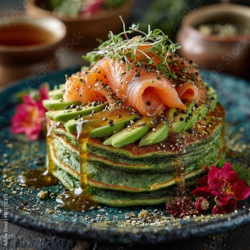 Delicious Stack of Savory Pancakes With Avocado and Smoked Salmon Served on a...