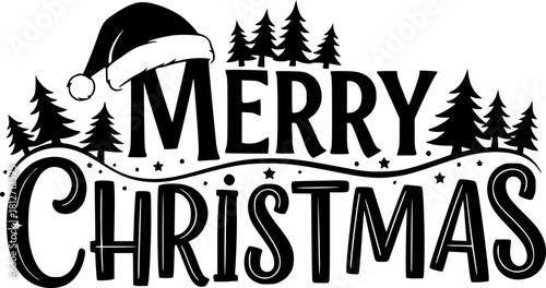 Merry christmas text with trees and santa hat
