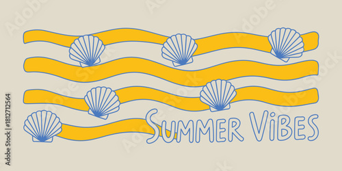 Illustration of yellow waves with blue seashell accents and the words summer vibes on a light background