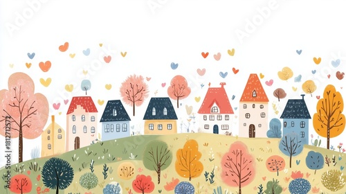 Colorful Houses by the Lake Under a Bright Sun With Trees and Birds in a Sere...