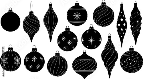 Christmas ornaments in various shapes including snowflakes stars and balls ideal for festive holiday vector designs
