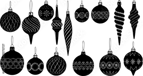 Christmas ornaments in various shapes including snowflakes stars and balls ideal for festive holiday vector designs
