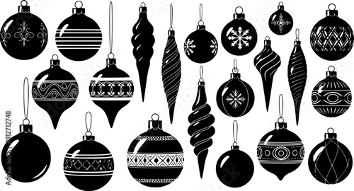 Christmas ornaments in various shapes including snowflakes stars and balls ideal for festive holiday vector designs

