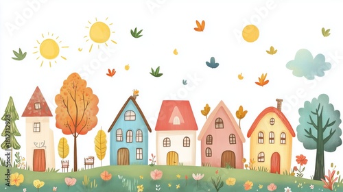 Colorful Houses in a Sunny Landscape With Trees, Flowers, and Flying Leaves