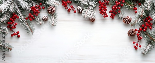 Winter Decoration Featuring Pine Branches, Red Berries, and Pinecones on a Wh...