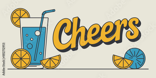 A cheers illustration with a blue drink in a glass with oranges and a straw on a light background