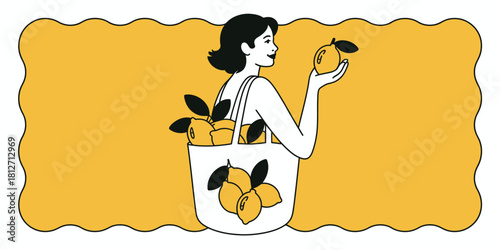 A woman holding a lemon with a bag full of lemons on a yellow background with wavy border design art