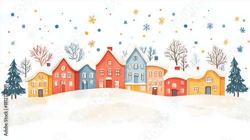Winter Scene With Colorful Houses and Falling Snow in a Peaceful Village Setting