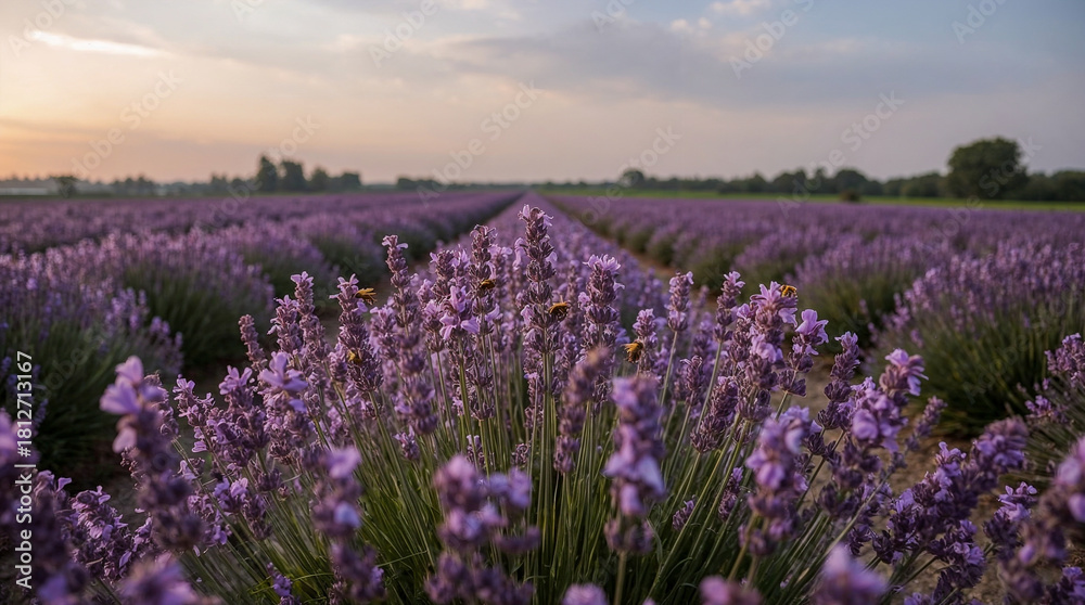 Naklejka premium A field of purple lavender flowers stretches towards the horizon under a hazy, pastel sky. Bees are busy collecting nectar from the blossoms in the foreground.