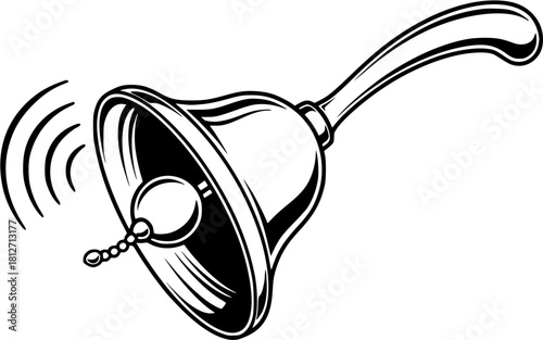 Illustration of a ringing handbell with a curved handle and a clapper visible in black and white style
