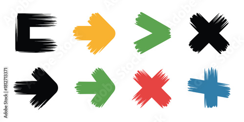 Eight brush stroke symbols including an e, arrows, greater than, x, and a plus on a white background