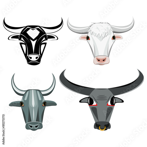 Set of four hand-drawn bull faces on a white background