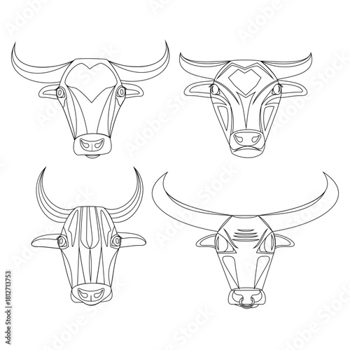 Set of four black and white bull faces on a white background