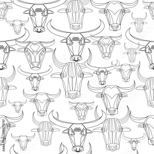 Seamless pattern with black and white bull faces on a white background 