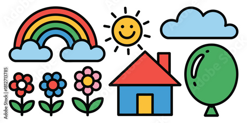 A colorful cartoon illustration featuring a rainbow, sun, clouds, flowers, house, and balloon