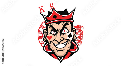 Striking vector illustration of a cunning king character with a vibrant crown, embodying the spirit of high-stakes poker and casino games, surrounded by playing card elements and betting chips