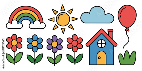 Colorful cartoon illustration featuring a rainbow, sun, flowers, house, cloud, and balloon
