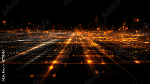 A futuristic digital grid with glowing orange lines and data points on a dark background, symbolizing technology, connectivity, and a vast network.
