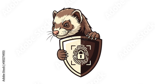 A clever cartoon ferret mascot symbolizing digital protection, holding a security shield with a biometric fingerprint lock icon