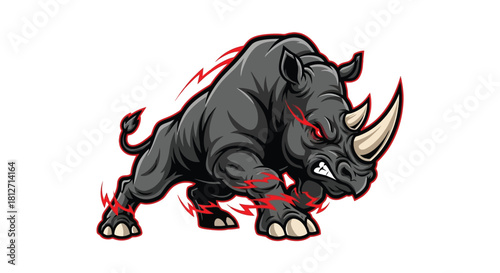 Fierce Charging Rhino with Red Electric Energy Emanating from Horns and Eyes, Symbolizing Power and Aggression