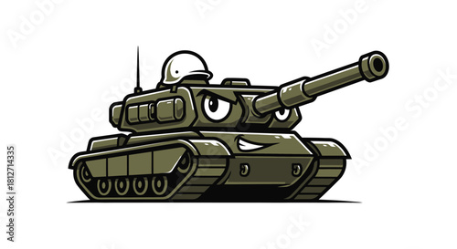 Vector illustration of a tough military tank character. An animated armored vehicle mascot with a determined expression, isolated on a white background