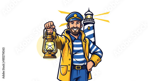 Smiling Sailor Holding Lantern with Lighthouse Background Nautical Illustration