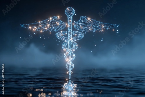 Digital representation of caduceus symbol on water surface with glowing particles at night