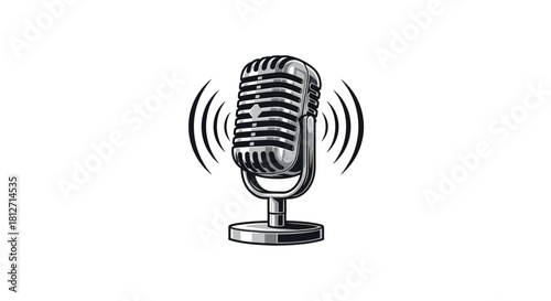 Vintage retro microphone sketch with sound waves, an iconic symbol for broadcasting, podcasting, and audio recording