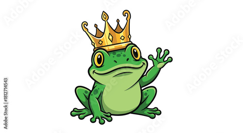 Cartoon Frog King Wearing Crown Waving Hand, Green Amphibian Royalty Animal, Isolated Illustration